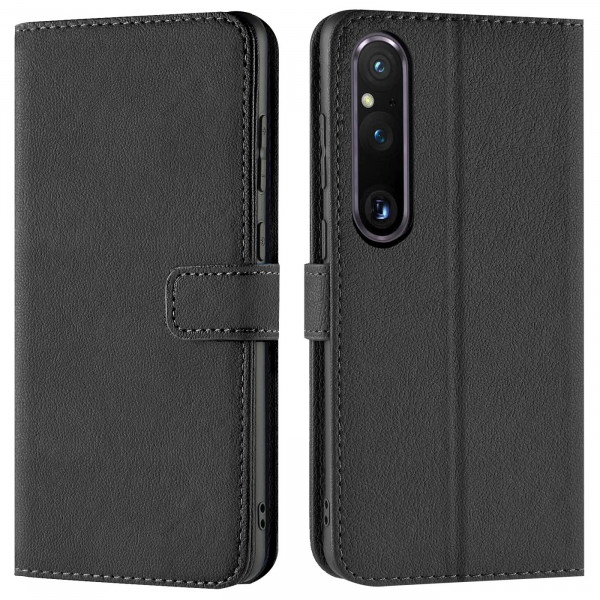 Safers Basic Wallet für Sony Xperia 1 V Hülle Bookstyle Klapphülle Handy Schutz Tasche, Schwarz