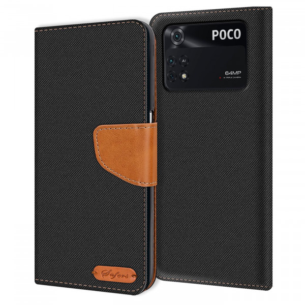 Safers Textil Wallet für Xiaomi Poco M4 Pro Hülle Bookstyle Jeans Look Handy Tasche