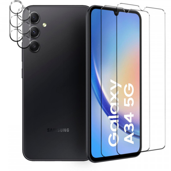 Safers Panzerglas für Samsung Galaxy A34 5G Schutzfolie 2x Kamera Schutzglas Folie 2x Panzerfolie